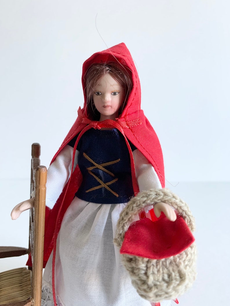 Miniature Red Riding Hood Dress, Cape and Basket, Storybook Character Costume, 1:12 Scale, for 6 inch doll, 4 Piece, Optional Granny Gown image 5