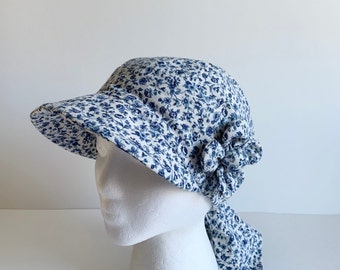 Baseball Style Chemo Hat, Unlined Cotton, Ready for Spring, Indigo Blue Floral Pattern, Hand Made in USA, Ships ASAP with Gift Wrap