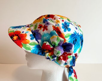 Chemo Hat, Baseball Cap Style, One Size Fits All, Cheery Floral Print in Cotton Blend Fabric, Ships ASAP with Gift Wrap, Hand Made in USA