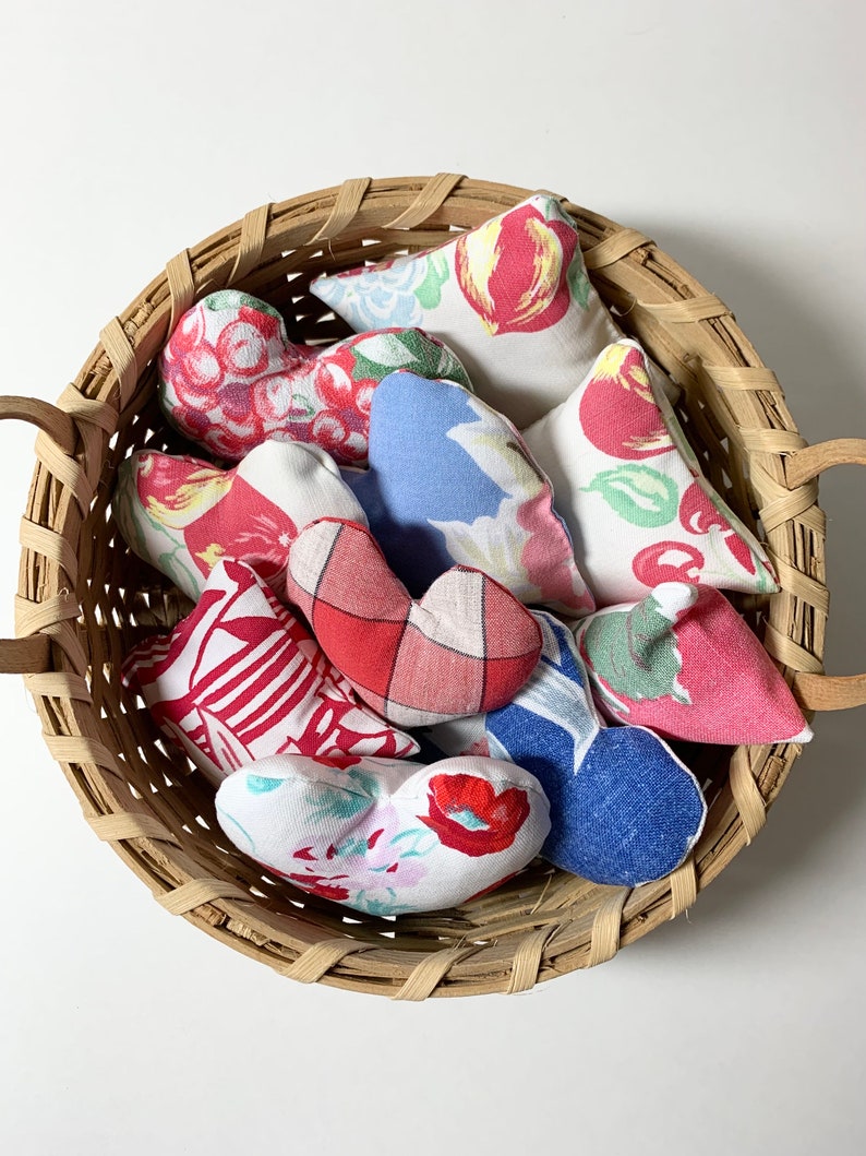 Bowl Filler Miniature Pillow Accents from Vintage Tablecloths in Red, White & Blue Set of 11, some Heart Shaped, Cottage or Farmhouse Decor image 4
