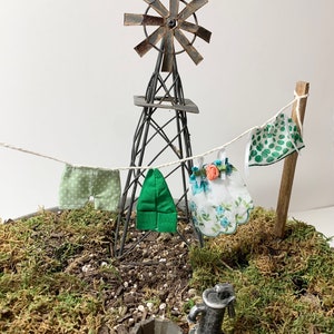 Fairy Garden Miniature Clothesline with Clothes, Color Themed 1/12 Scale, Gnomes, Seen in Vintage Gardens magazine, Bday or Gardener&#39;s Gift