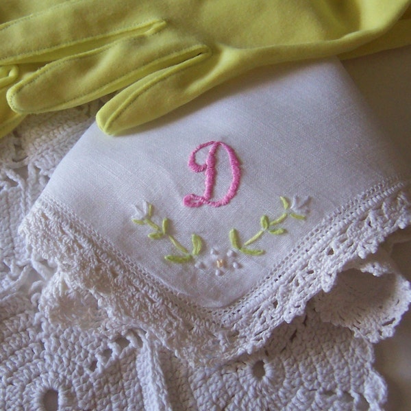 Monogrammed D Antique Handkerchief Bride's Wedding Hanky in White with White Lace and Pink Initial,  Bridal Shower Gift