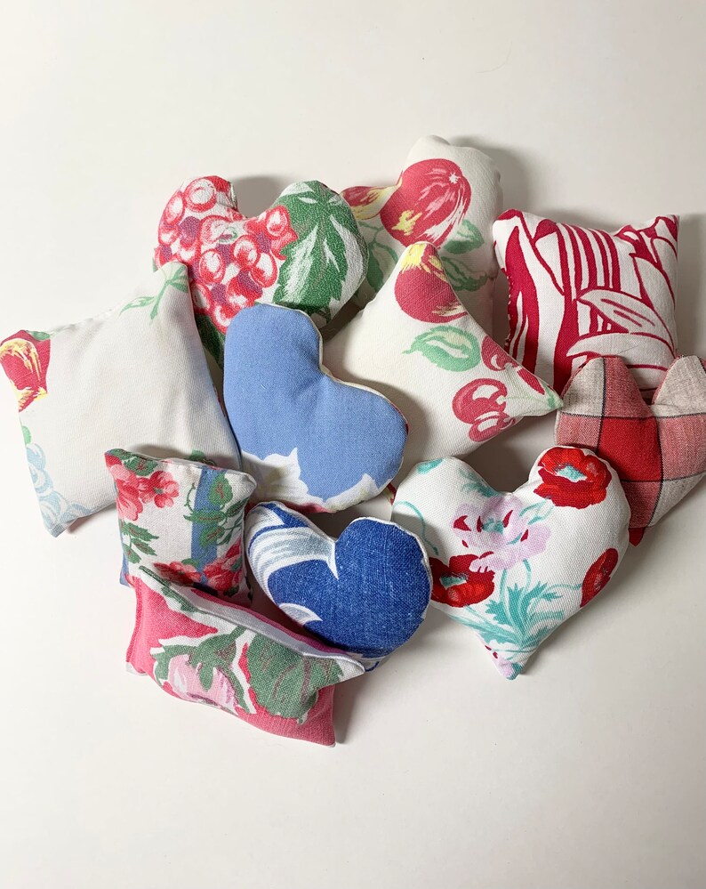 Bowl Filler Miniature Pillow Accents from Vintage Tablecloths in Red, White & Blue Set of 11, some Heart Shaped, Cottage or Farmhouse Decor image 5