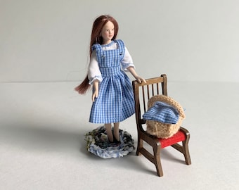 Doll Clothes 1/12 Scale Blue Gingham Dorothy Dress, Miniature Wizard of Oz, Farm Girl Pinafore with Hand Knit Basket, 3 Piece Wearable