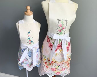 Mother and Daughter Handkerchief Aprons for Baking or Crafts, One of a Kind Unique Design Fits Age 4 - 9 Girl, Hand Made from Vintage Linens