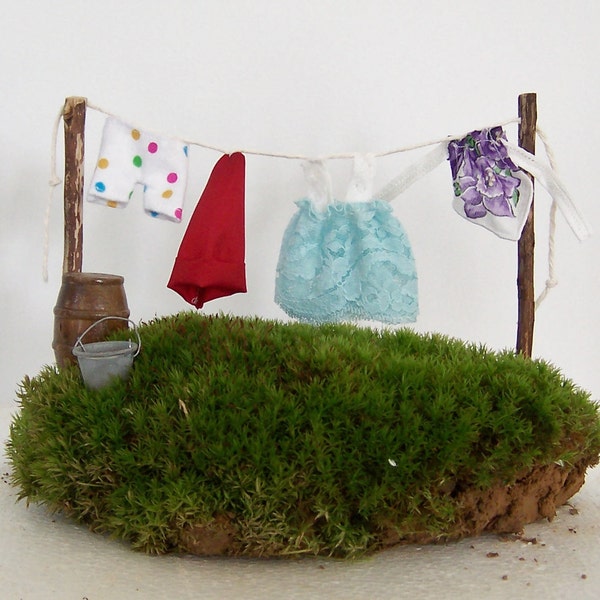 Fairy Garden Miniature Clothesline with Clothes, Gnome Garden, DIY Kit Seen in Vintage Gardens magazine