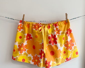 Women’s Pajama Shorts Size M-L Hips <49", made from Vintage Bed Sheet - Flower Power Pattern in Orange and Yellow, soft and comfortable