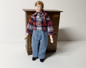 Doll Clothes Miniature 1/12 Scale for 6 inch doll, Blue Jeans and Plaid Shirt, Dollhouse Accessory for Male or Female Doll, Doll not inc.