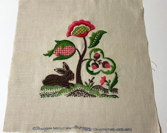 Vintage Crewel Work Pillow Top Unassembled, 12 x 12, Wool Embroidery, Bunny Theme for Nursery Decor, Top ONLY, 1950's era