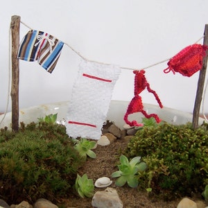 Beach Themed Fairy Garden, Clothesline with Miniature Bikini and Men's Swim Trunks, 1:12 Scale image 1