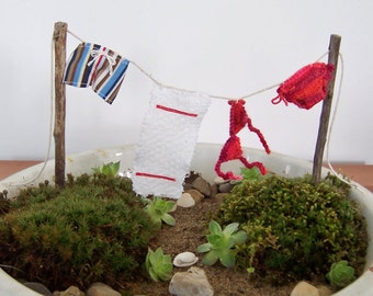 Beach Themed Fairy Garden,  Clothesline with Miniature Bikini and Men's Swim Trunks, 1:12 Scale