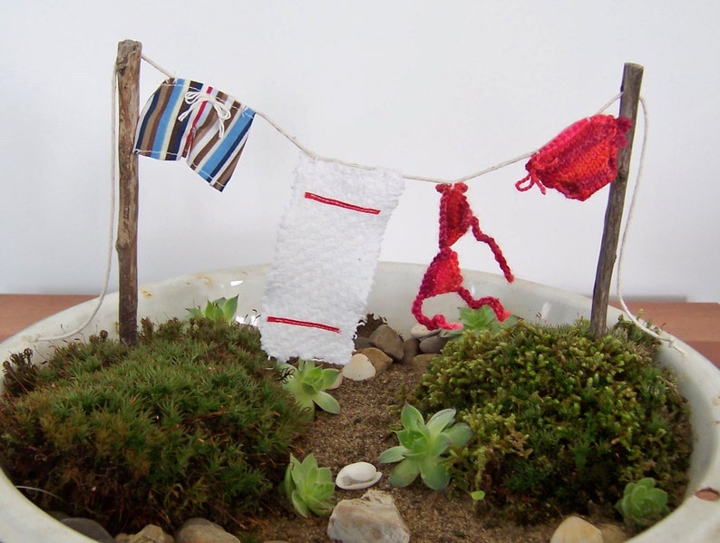 Beach Themed Fairy Garden, Clothesline with Miniature Bikini and Men's Swim Trunks, 1:12 Scale image 1