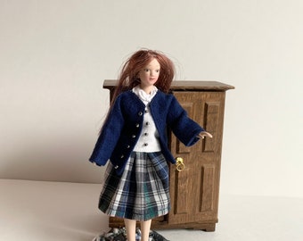 Doll Clothes School Uniform for 6 Inch Doll, 1/12 Scale Dollhouse Miniatures, 3 Piece Wearable Clothing, Back to School Costume, Hand Made