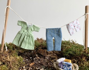 Miniature Clothesline and Laundry Basket - 1/12 Scale Hand Made for Dollhouse or Fairy Garden Display - Clothes and Basket Only