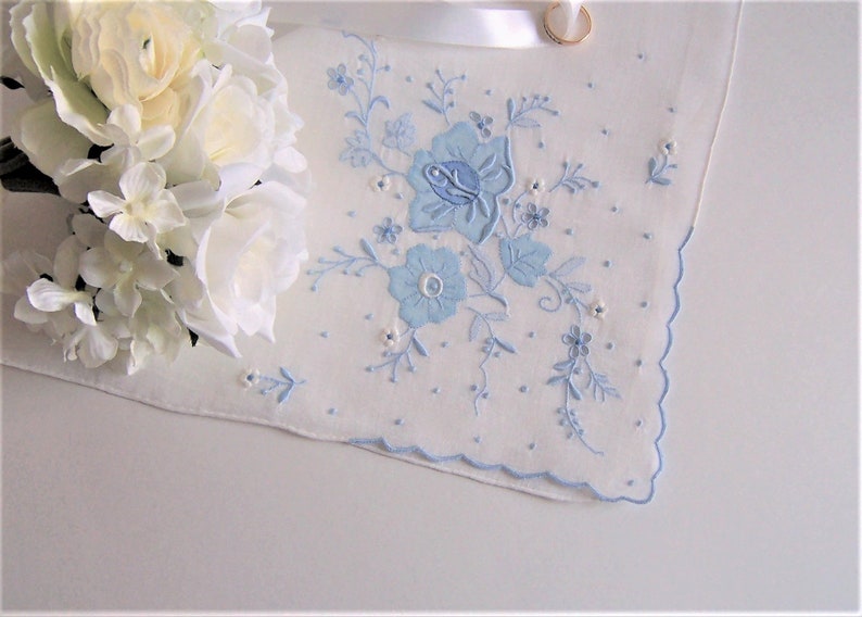 Happy Tears Bridal Shower Gift Blue Floral Applique 1950/'s Antique Heirloom Hanky Something Blue Wedding Handkerchief for a Bride