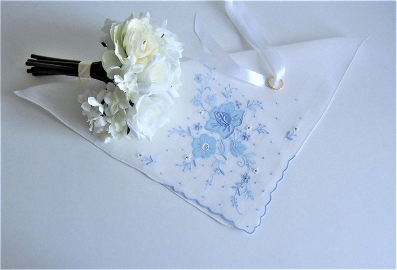 Happy Tears Bridal Shower Gift Blue Floral Applique 1950/'s Antique Heirloom Hanky Something Blue Wedding Handkerchief for a Bride
