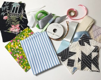Slow Stitching or Scrapbooking Supplies, Various Vintage Fabrics and Yards of Ribbon for Crafts - Bargain Priced!