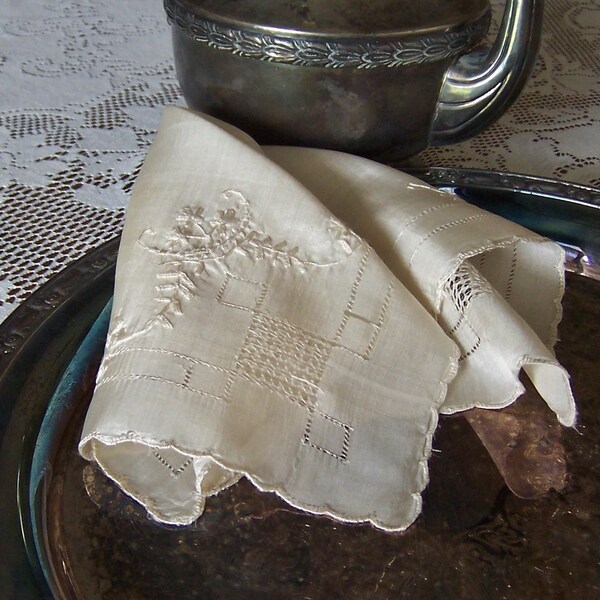Wedding Handkerchief Silk Delicate Cut Work and Embroidery Madeira Lace Victorian Style Hanky in Beige
