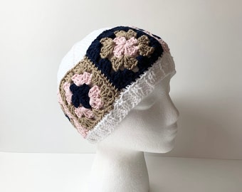 Chemo Hat Granny Square Design, Women's Spring Chemotherapy Cap Hand Knit/Crocheted in Cotton, Cancer Patient Gift, Ships ASAP w/ gift wrap