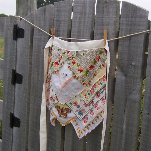 Apron Thanksgiving Fall Hostess Gift, Made from Vintage Handkerchiefs, One of a Kind Design Autumn Colors Leaf Patterns