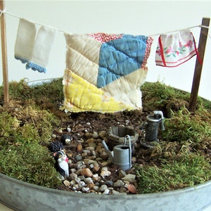 Clothesline Quilt Fairy Garden Miniatures, 1:12 Scale Quilt and Pillowcases from Vintage Linens and Hankies, Fairy Garden Lover Gift