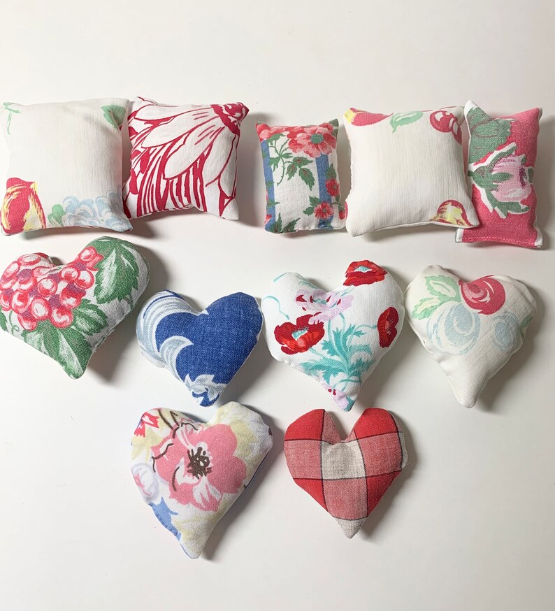 Bowl Filler Miniature Pillow Accents from Vintage Tablecloths in Red, White & Blue Set of 11, some Heart Shaped, Cottage or Farmhouse Decor image 6