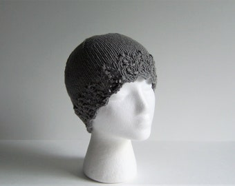 Cotton Sleep Cap Chemo Hat, Hand Knit in Grey with lace edge accent, Ships ASAP, Cancer Patient Gift comes Gift Wrapped, Made in USA
