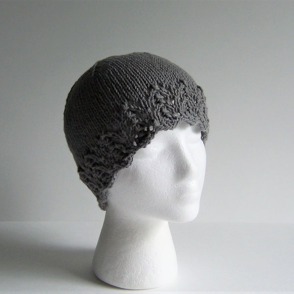 Cotton Sleep Cap Chemo Hat, Hand Knit in Grey with lace edge accent, Ships ASAP, Cancer Patient Gift comes Gift Wrapped, Made in USA