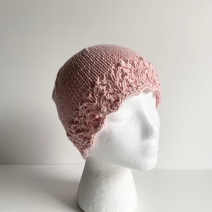 Chemo Hat Cotton Sleep Cap, Hand Knit in Rose colored yarn with lace edge accent, gift for cancer patient, ready to ship with gift wrap