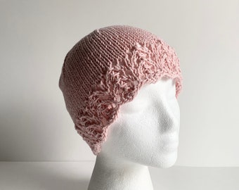 Chemo Hat Cotton Sleep Cap, Hand Knit in Rose colored yarn with lace edge accent, gift for cancer patient, ready to ship with gift wrap