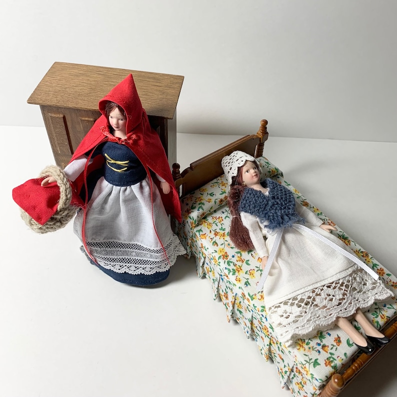 Miniature Red Riding Hood Dress, Cape and Basket, Storybook Character Costume, 1:12 Scale, for 6 inch doll, 4 Piece, Optional Granny Gown image 7