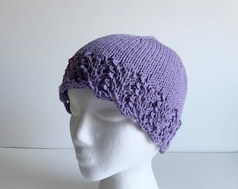 Cotton Chemo Hat Sleep Cap, Lace Edge, Hand Knit in Lavender, ready to ship, Gift Wrapped for Cancer Patient, Made in the USA