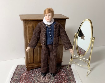 Male doll Clothes for dollhouse accessory, 1:12 Scale, 3 Piece Historical Period Costume, Hand Made Suit with Shirt and Vest in Brown
