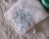 Monogrammed B Handkerchief Bride's Vintage Wedding Hanky, White with Pale Aqua Embroidery, Something Old Bridal Shower Gift