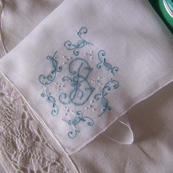 Monogrammed B Handkerchief Bride's Vintage Wedding Hanky, White with Pale Aqua Embroidery, Something Old Bridal Shower Gift