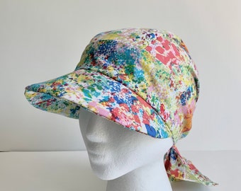 Chemo Hat, Baseball Cap Style, One Size Fits All, Rainbow Watercolor Print in Cotton Blend Fabric, Ships ASAP with Gift Wrap, Fits M-L head