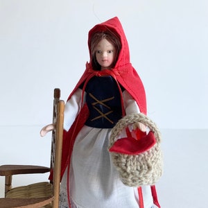 Miniature Red Riding Hood Dress, Cape and Basket, Storybook Character Costume, 1:12 Scale, for 6 inch doll, 4 Piece, Optional Granny Gown image 1