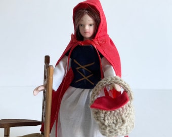 Miniature Red Riding Hood Dress, Cape and Basket, Storybook Character Costume, 1:12 Scale, for 6 inch doll, 4 Piece, Optional Granny Gown