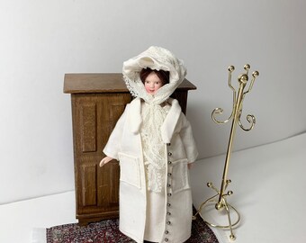 Doll Costume Historical Period 1900’s for 6 inch 1:12 Scale Dollhouse Accessory, 4 Piece Set, Driving Duster and Bonnet, Doll not inc