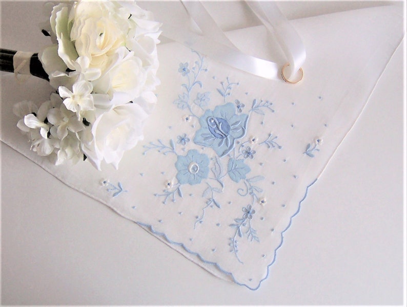 Happy Tears Bridal Shower Gift Blue Floral Applique 1950/'s Antique Heirloom Hanky Something Blue Wedding Handkerchief for a Bride