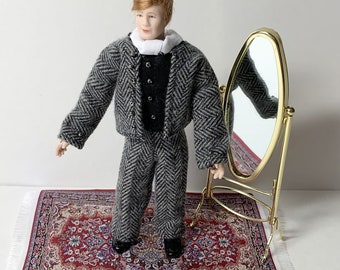 Dollhouse Clothes for 6 inch male doll, 1:12 Scale, 3 Piece Historical Period Costume, Hand Made Suit with Shirt and Vest in Grey