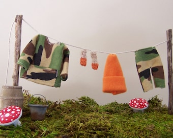 Camo Hunting Miniatures on Clothesline, Dollhouse Display or Fairy Garden, 1:12 Scale