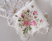 Wedding Handkerchief Vintage, Pink Roses Floral Bouquet, Something Old, 1950's era