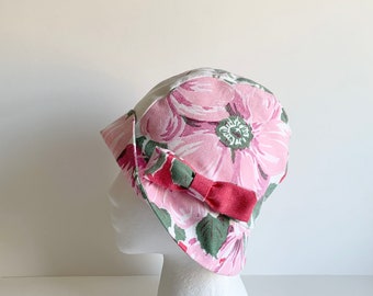 Chemo Hat Cloche Style - Made from Vintage Pink Floral Tablecloth, Wear 2 Ways, Cancer Patient Gift, Ready to Ship with Gift Wrap