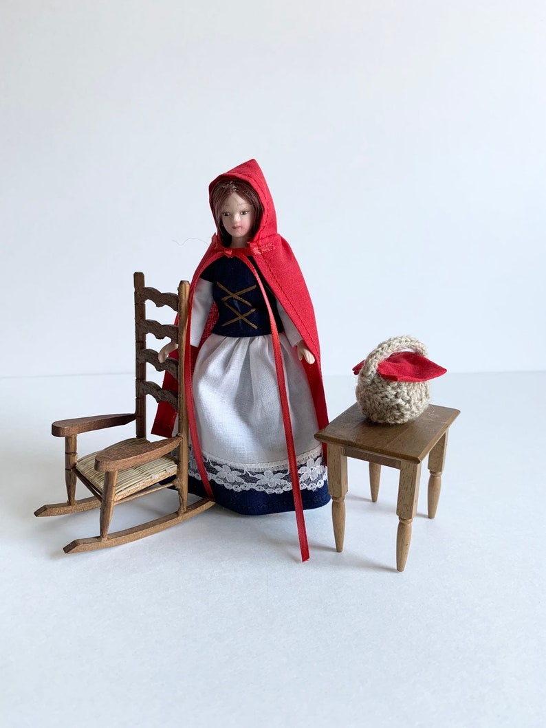 Miniature Red Riding Hood Dress, Cape and Basket, Storybook Character Costume, 1:12 Scale, for 6 inch doll, 4 Piece, Optional Granny Gown image 2