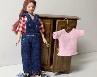 Doll Clothes Blue Jean Overalls for 6 inch doll, farmer or gardener costume in 1:12 scale, three piece, Dollhouse Accessory, easy on and off