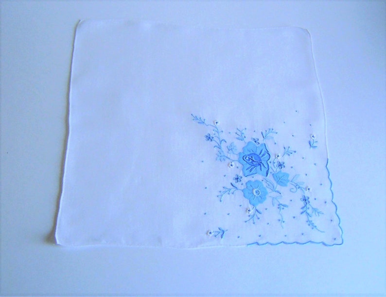 Happy Tears Bridal Shower Gift Blue Floral Applique 1950/'s Antique Heirloom Hanky Something Blue Wedding Handkerchief for a Bride