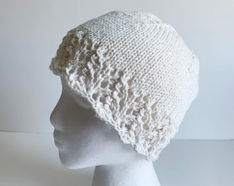 Chemo Hat Cotton Sleep Cap, Knit in Beige colored yarn with lace edge accent, gift for cancer patient, ready to ship with gift wrap made USA