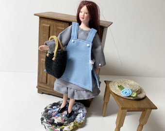 Miniature Clothes for 6 inch doll, Anne of Green Gables design in 1/12 scale, dress with pinafore, hat and carpetbag, hand made