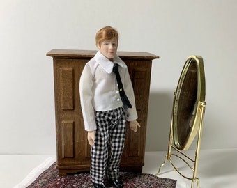 Doll Clothes - Shirt with Tie and Trousers for 6 inch Male Doll, 1:12 Scale Dollhouse Clothing, Period Costume, Doll & furniture not inc